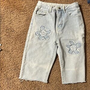 Floral Embroidered Light Blue capri’s